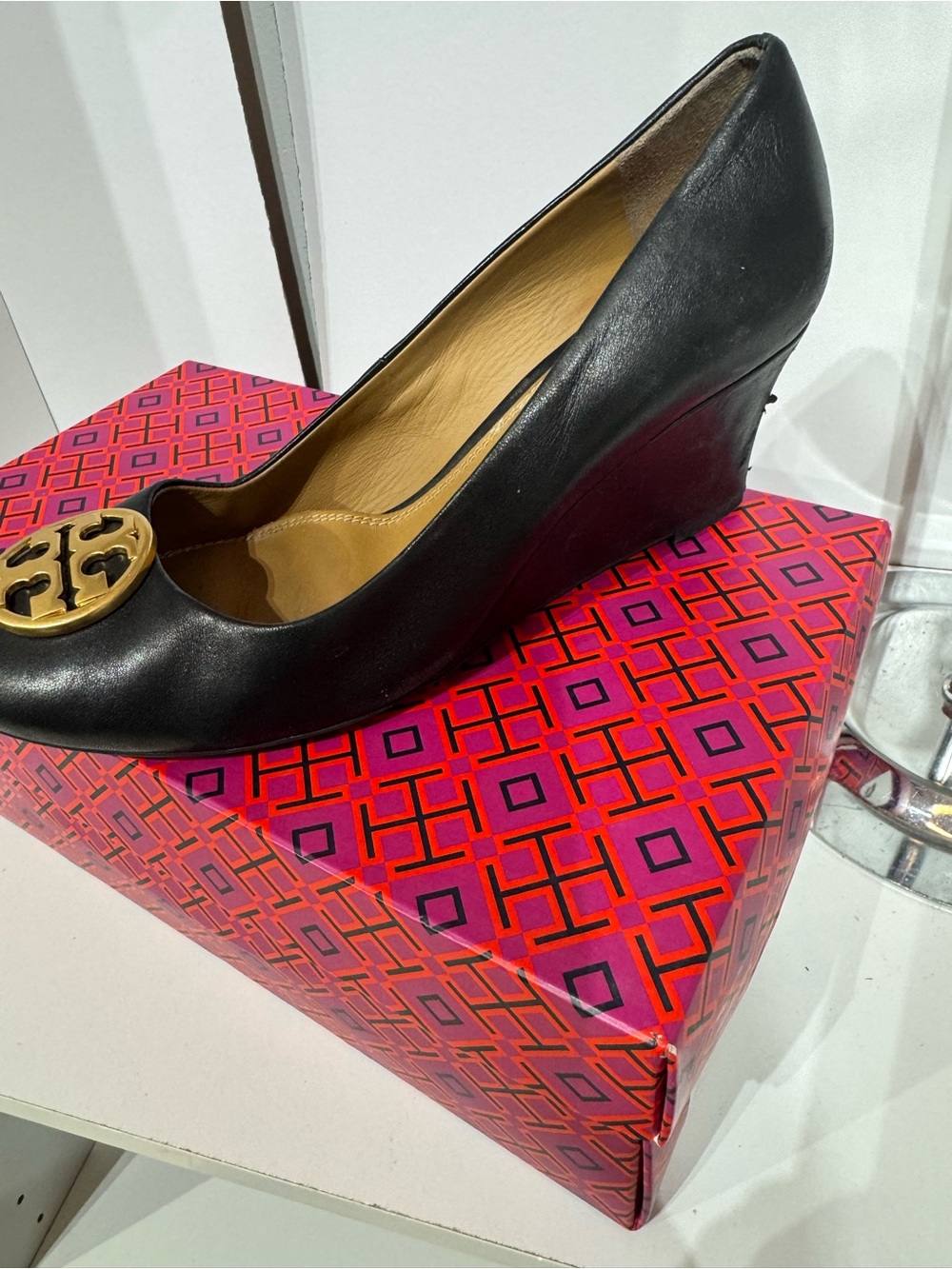 Tory Burch Black Leather Wedge with Gold Logo